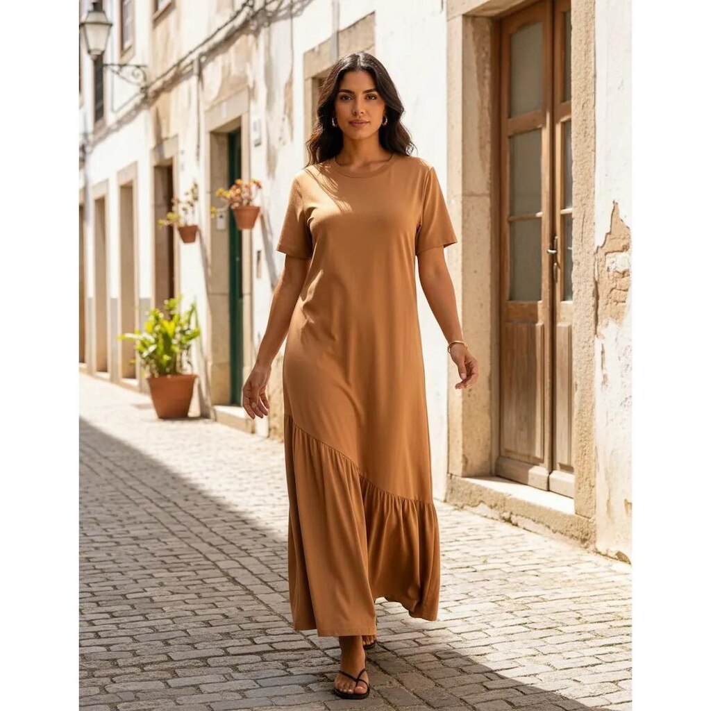 Vestido Longo Feminino Babado Assimétrico Malha Algodão Caramelo