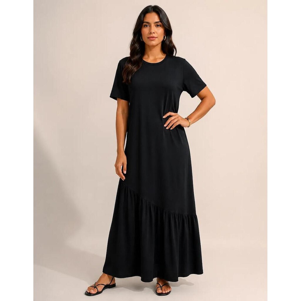 Vestido Longo Feminino Babado Assimétrico Malha Algodão Preto