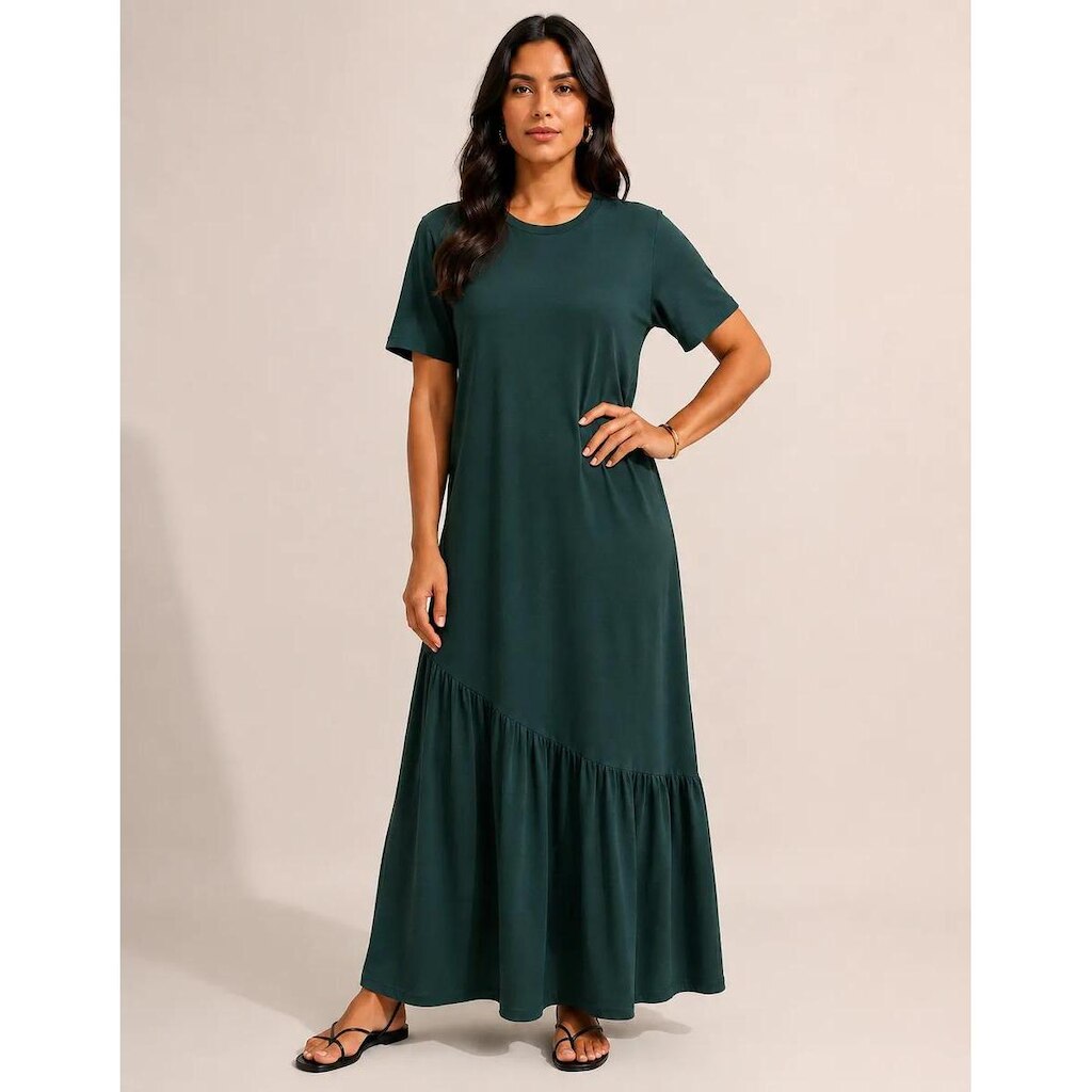 Vestido Longo Feminino Babado Assimétrico Malha Algodão Verde-escuro
