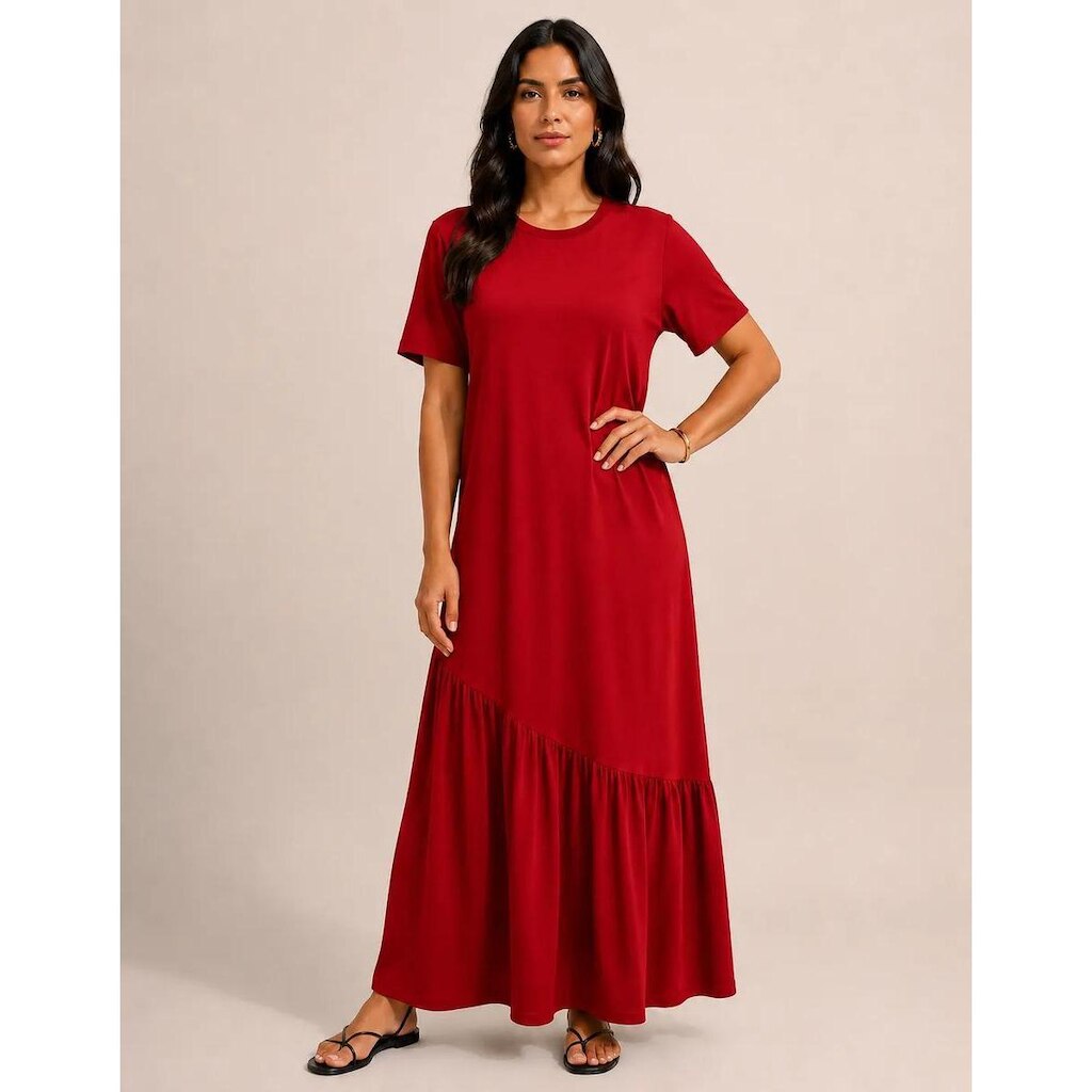 Vestido Longo Feminino Babado Assimétrico Malha Algodão Vermelho