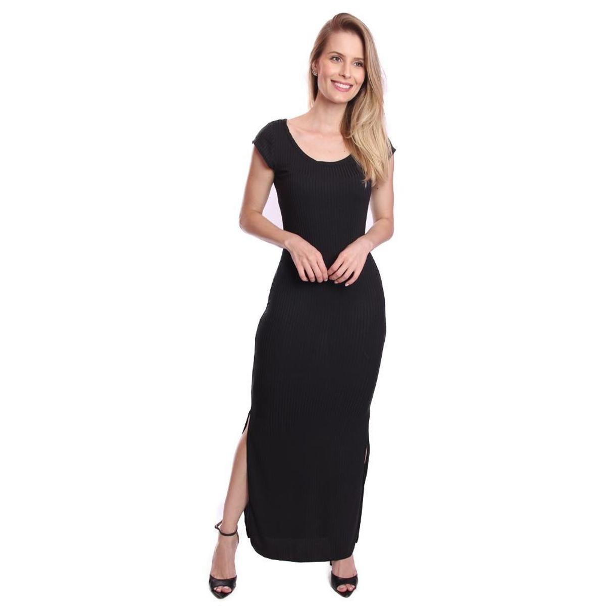 Vestido Longo Feminino Canelado Com Fendas Vcut - Preto Menor preço em Vestido Longo Feminino Canelado Com Fendas Vcut - Preto