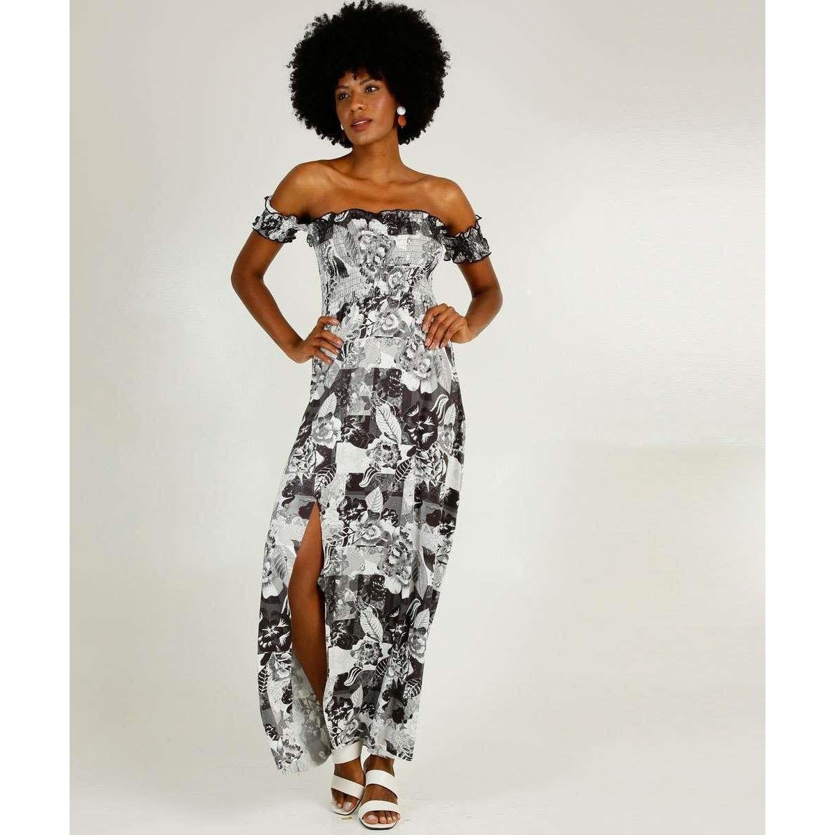 Vestido Longo Feminino Ciganinha Floral Manga Curta - 10043658787 - Preto Menor preço em Vestido Longo Feminino Ciganinha Floral Manga Curta - 10043658787 - Preto