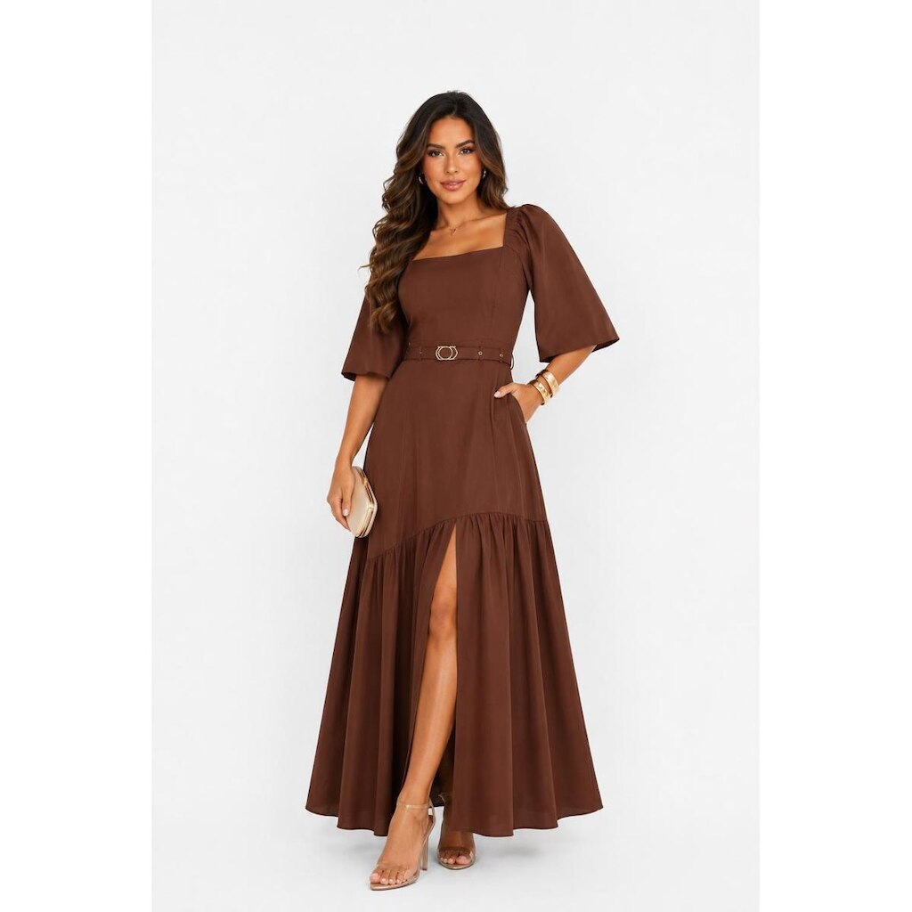 Vestido Longo Feminino D Bell Outlet Fashion Marrom