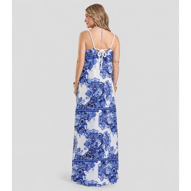 Vestido Longo Feminino em Tecido Estampado Dianna Azul