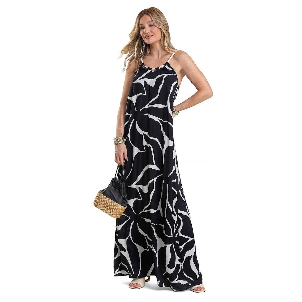 Vestido Longo Feminino em Tecido Estampado Dianna Preto