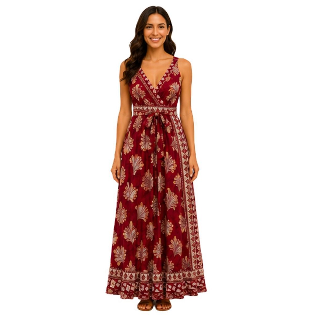 Vestido Longo Feminino Estampado Decote V Alças Reguláveis Verão Casual