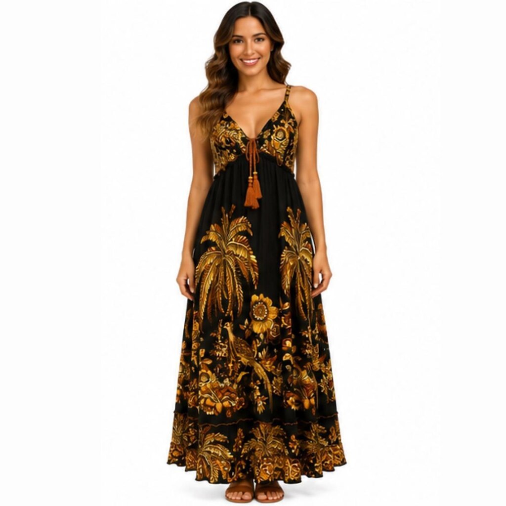 Vestido Longo Feminino Indiano Estampado Viscose Alça Ajustável com Lastex