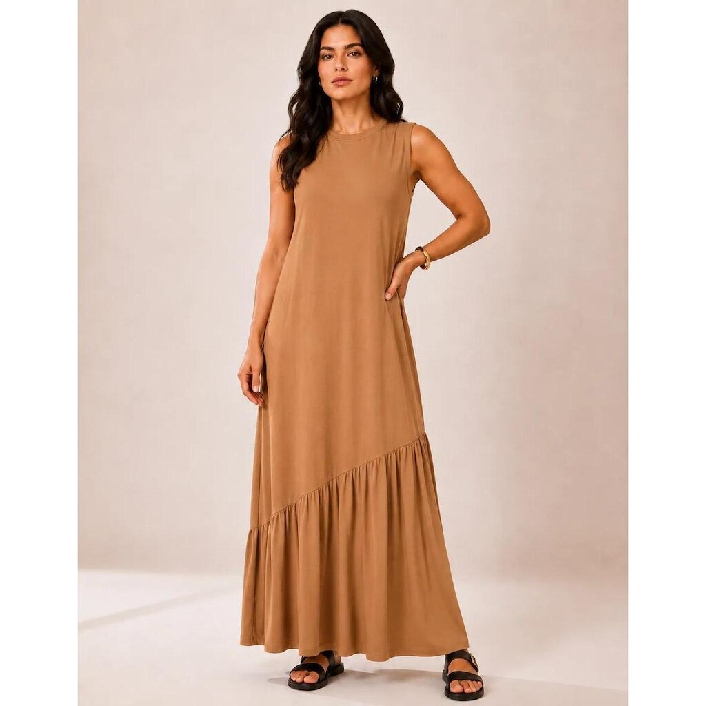 Vestido Longo Feminino Regata Babado Assimétrico Algodão Caramelo