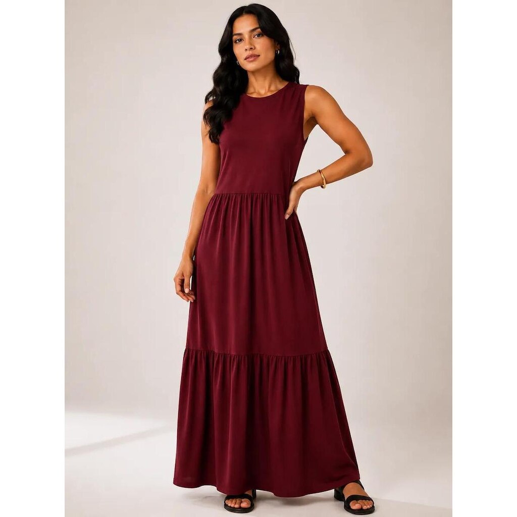 Vestido Longo Feminino Regata Três Marias Algodão Soltinho Bordô