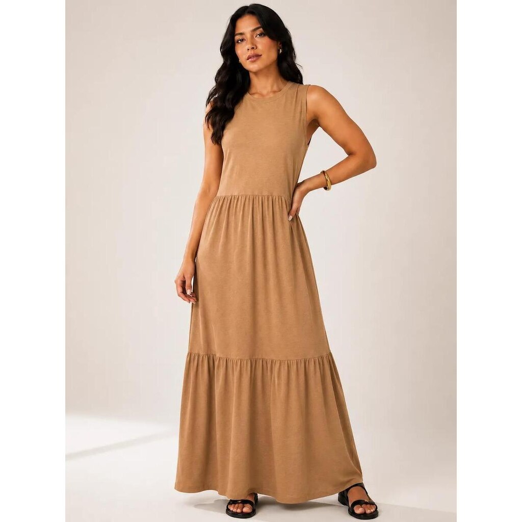 Vestido Longo Feminino Regata Três Marias Algodão Soltinho Caramelo