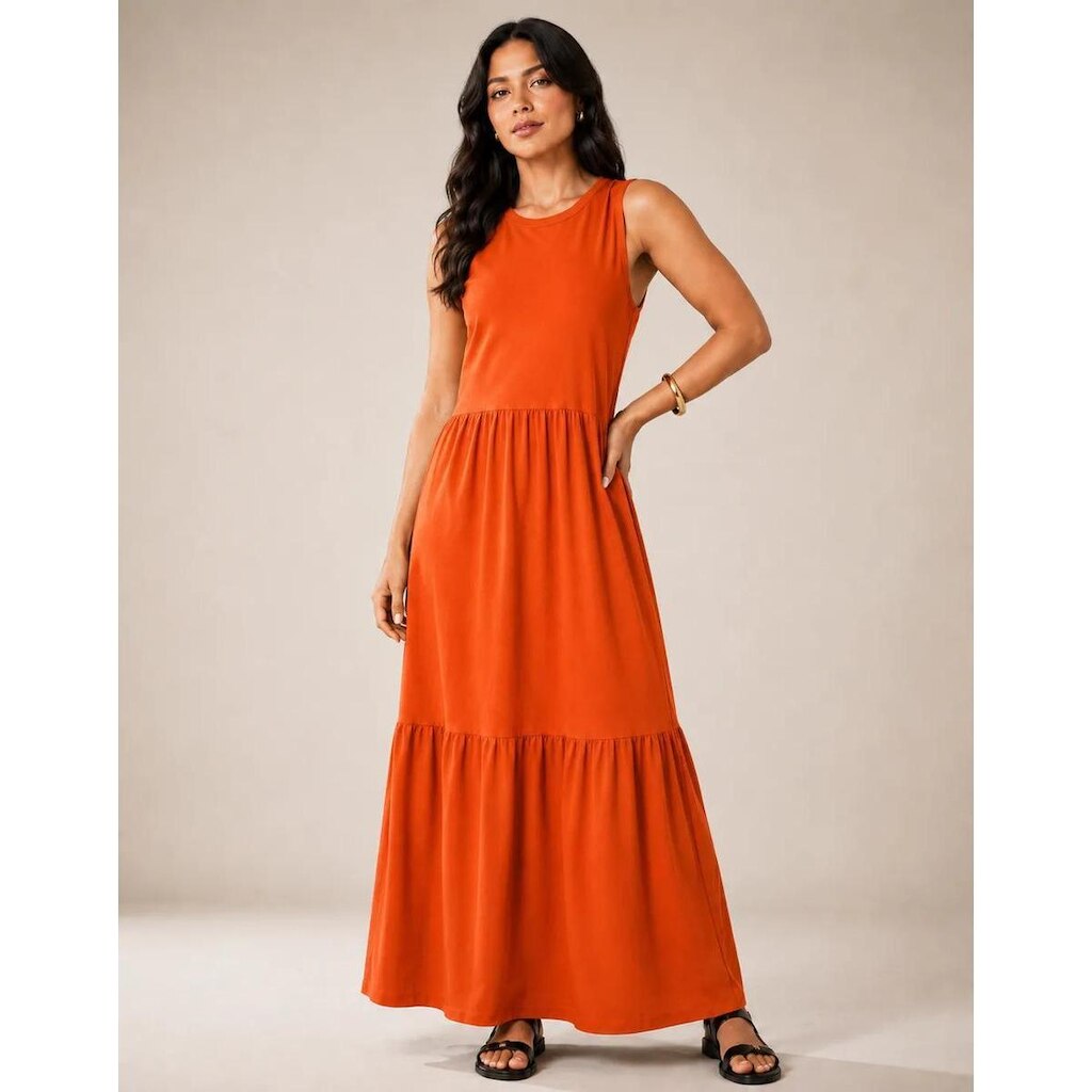 Vestido Longo Feminino Regata Três Marias Algodão Soltinho Laranja
