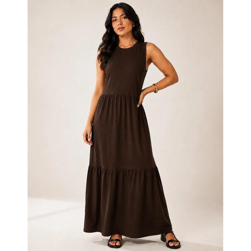 Vestido Longo Feminino Regata Três Marias Algodão Soltinho Marrom-escuro