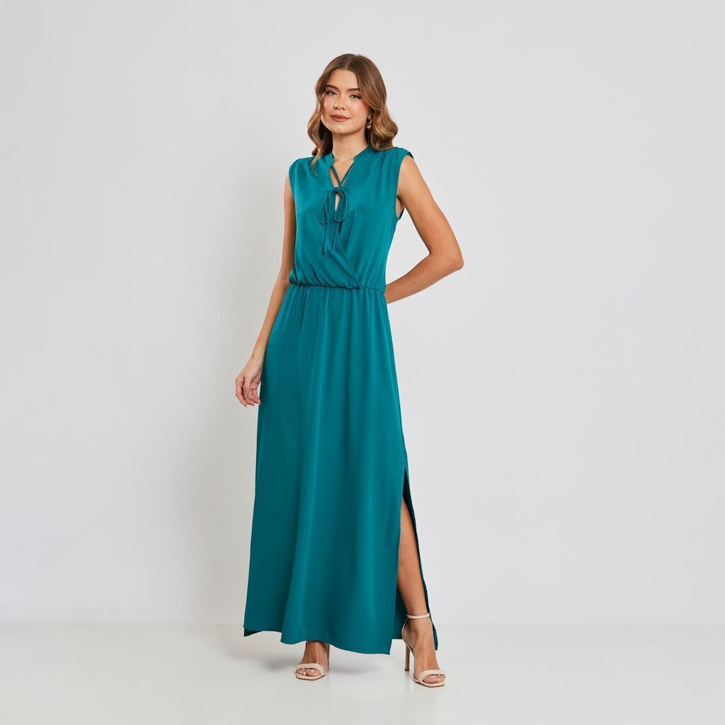 Vestido Longo Fendas Laterais Miss Joy 8334 Verde Escuro
