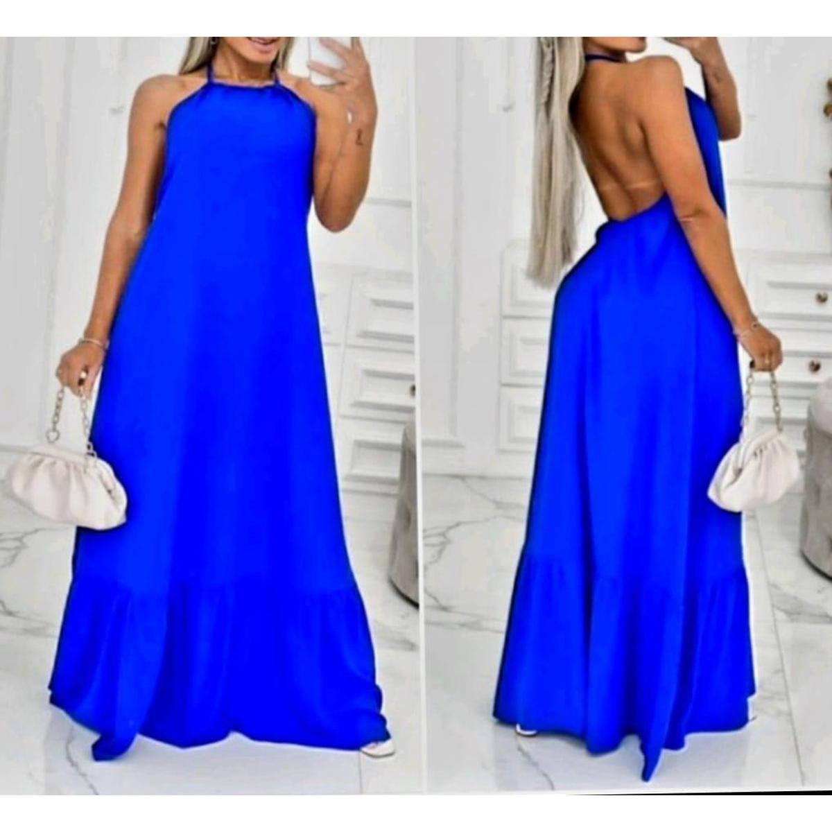 Vestido Longo Frente Única Forrado Liso - Azul Menor preço em Vestido Longo Frente Única Forrado Liso - Azul