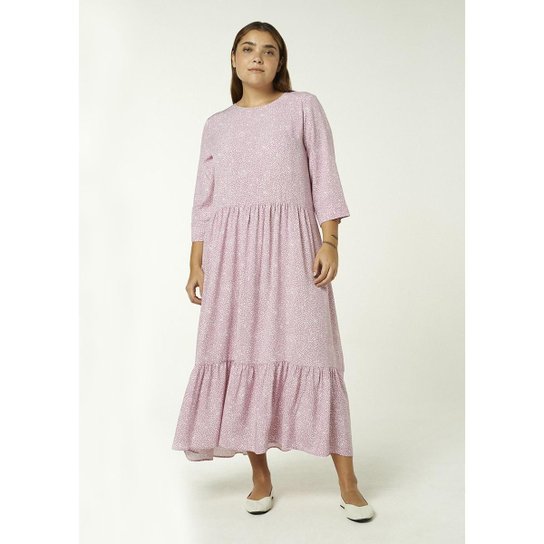 Vestido Longo Hering Manga Longa Estampado Feminino - Rosa