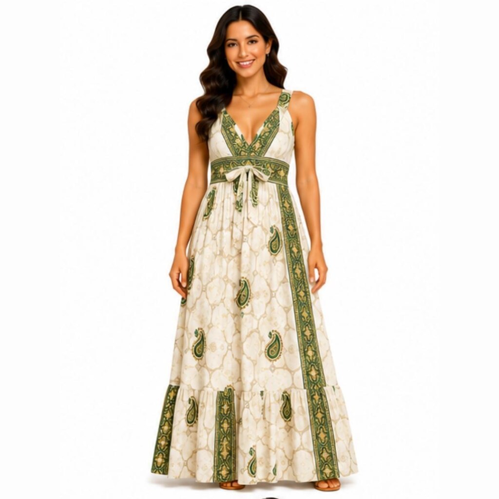 Vestido Longo Indiano Feminino Estampado Decote V com Lastex