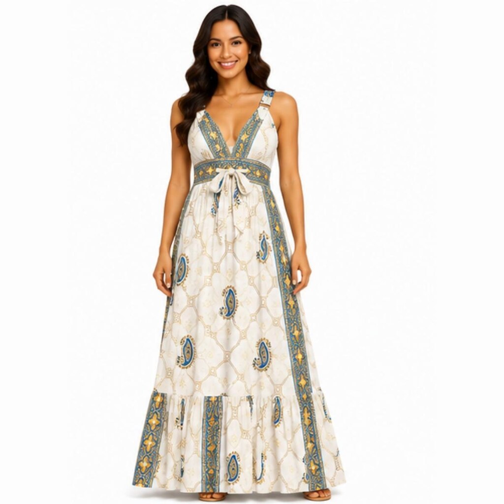 Vestido Longo Indiano Feminino Estampado Decote V com Lastex
