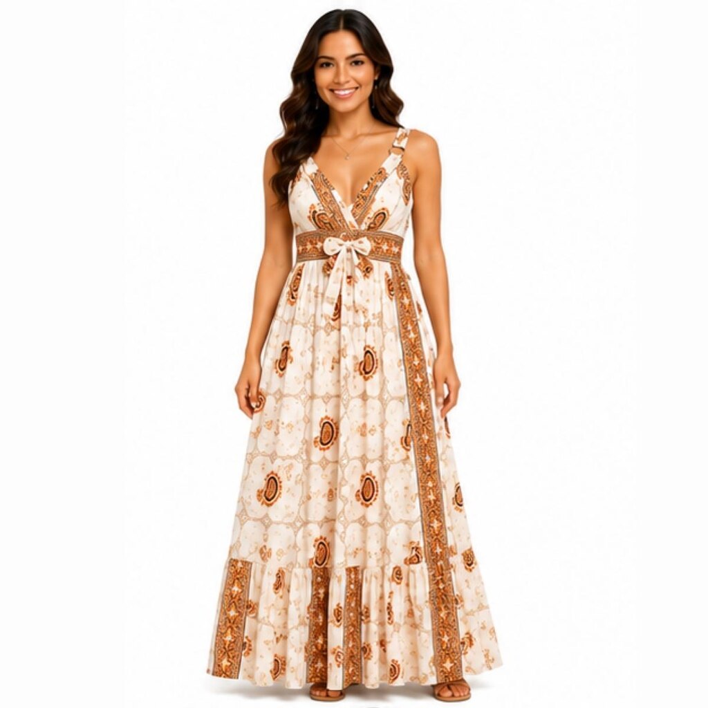 Vestido Longo Indiano Feminino Estampado Decote V com Lastex