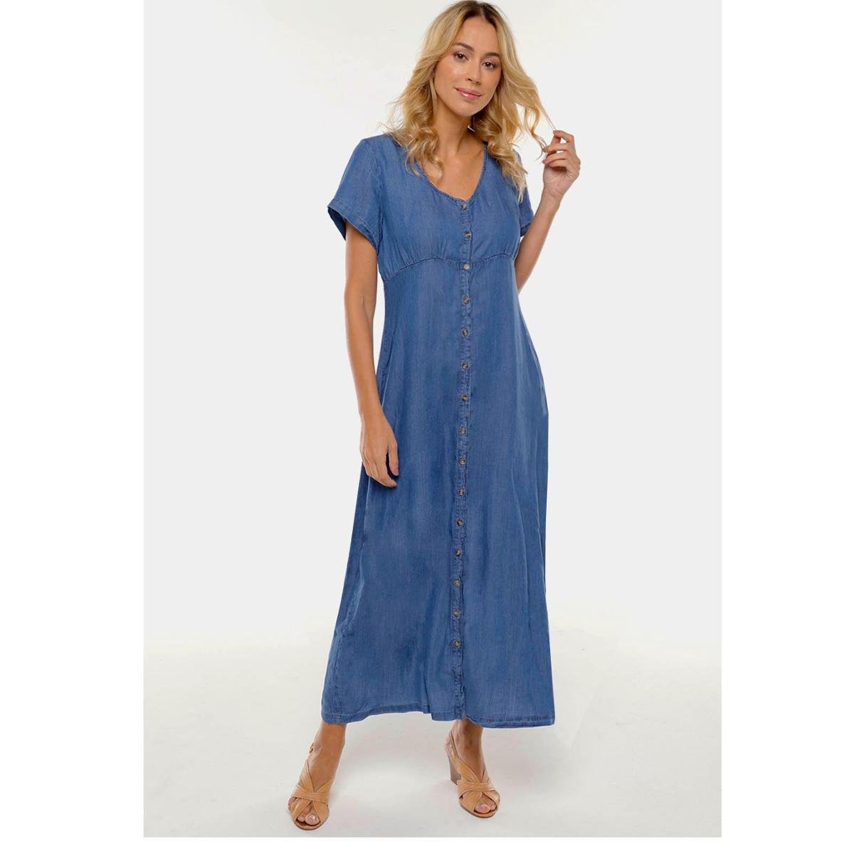 Vestido Longo Jeans SOB com Manga Curta e Botões Feminino - Azul Menor preço em Vestido Longo Jeans SOB com Manga Curta e Botões Feminino - Azul