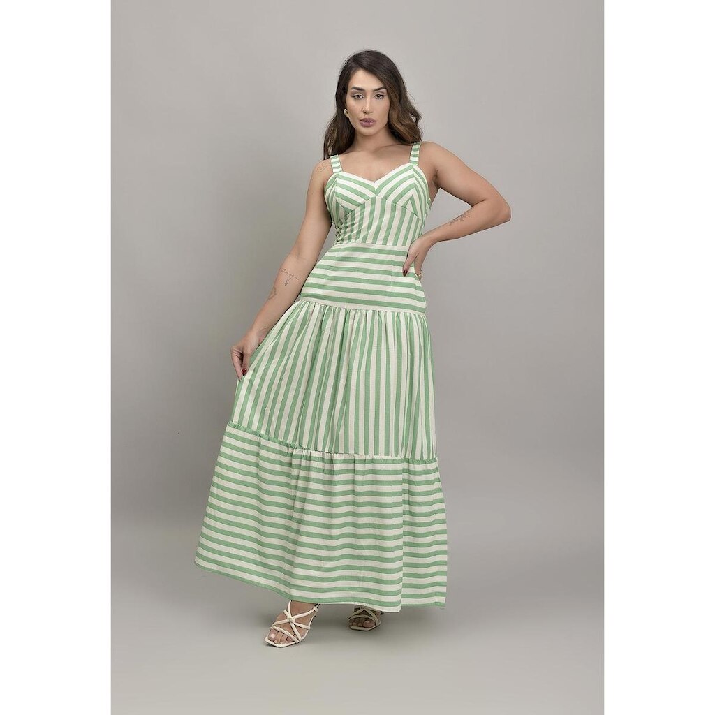 Vestido Longo Listrado Com Alça na Cor Verde Lemier Collection