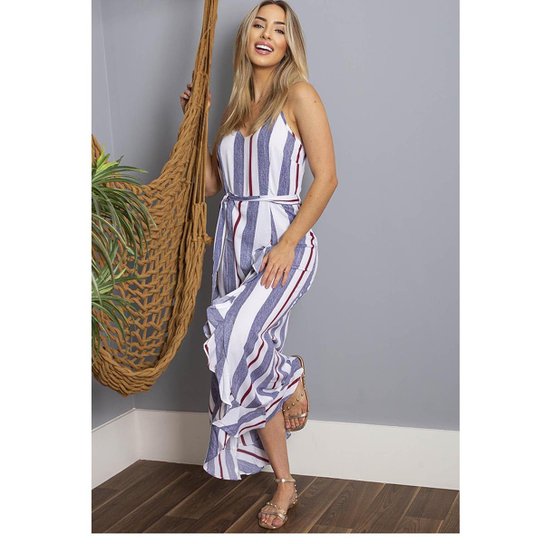 Vestido Longo Listrado com Babado Sob e Branco - Azul