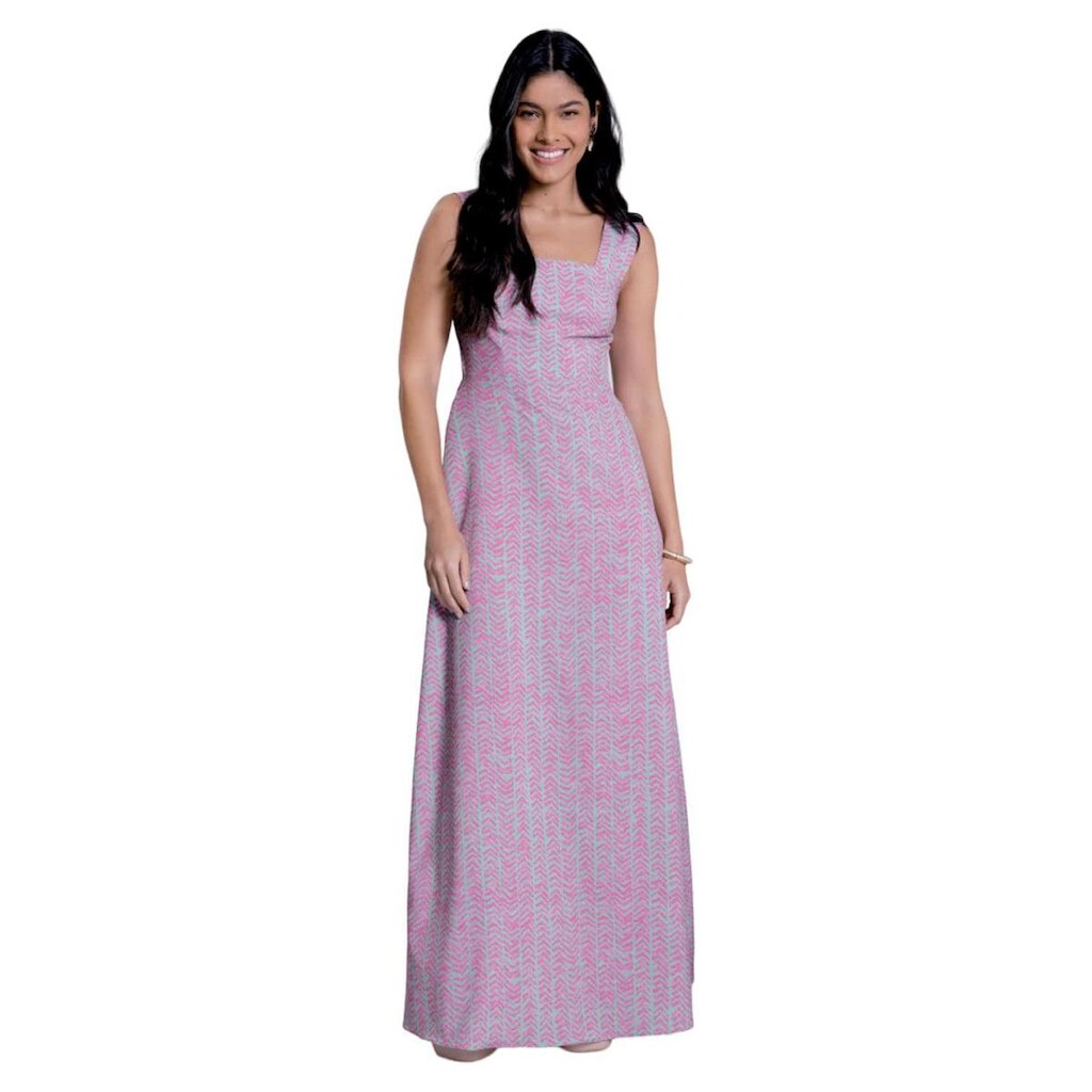 Vestido Longo Lunender Alças Estampado Rosa Tam. G