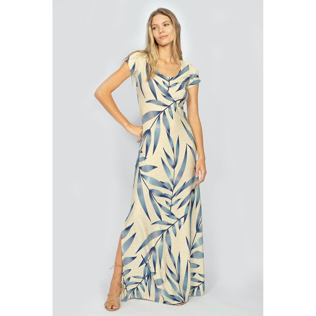 Vestido Longo Malha Gola Canoa Manga Curta Bambu Azul