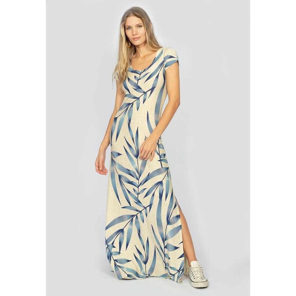 Vestido Longo Malha Gola Canoa Manga Curta Bambu Azul