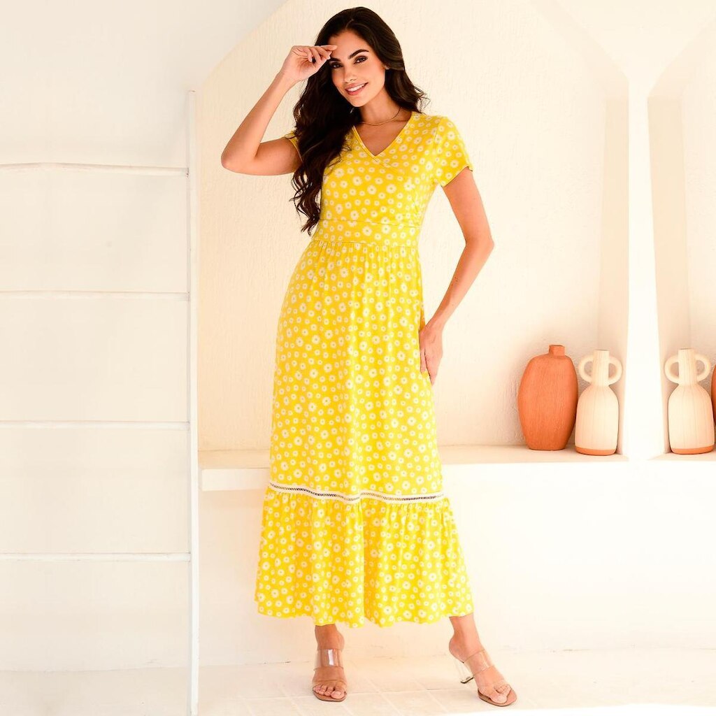 Vestido Longo M/C Barra Guipir B’Bonnie Adriana Floral Amarelo