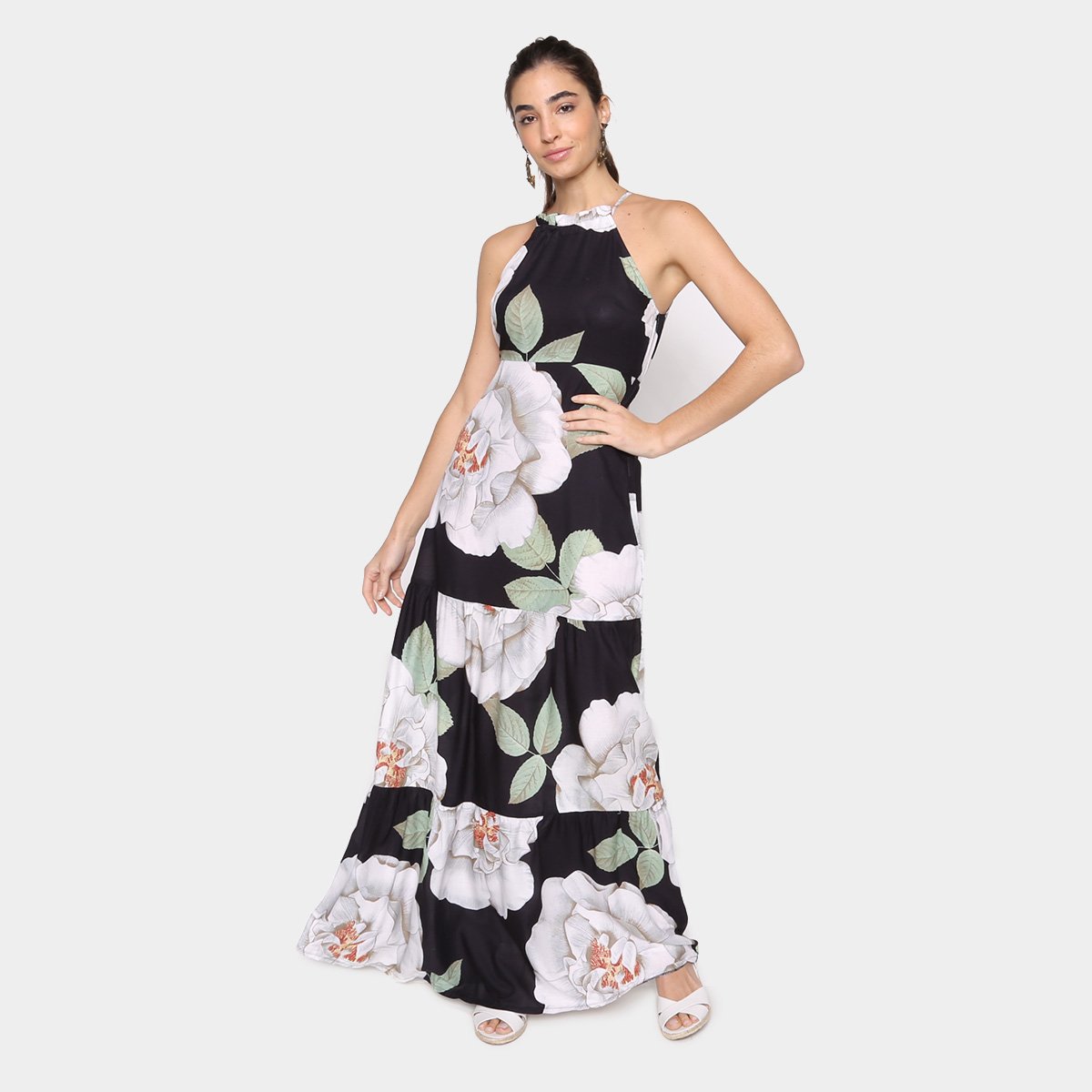 Vestido Longo Mercatto Floral Babado Feminino - Preto Menor preço em Vestido Longo Mercatto Floral Babado Feminino - Preto