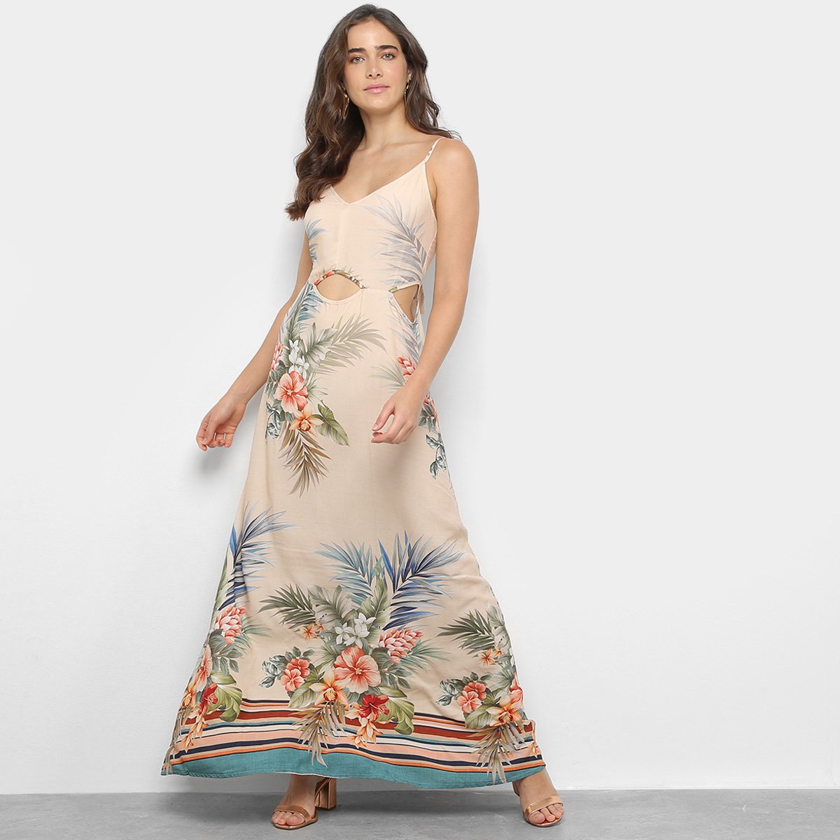 Vestido Longo Mercatto Recorte Floral - Areia Menor preço em Vestido Longo Mercatto Recorte Floral - Areia