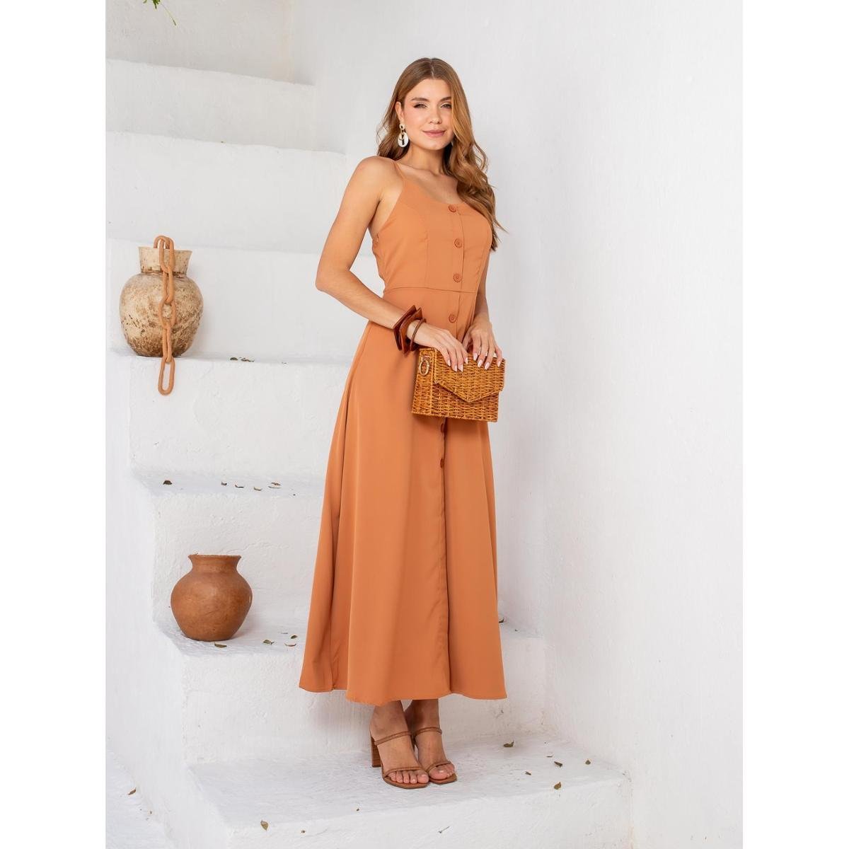 Vestido Longo Midi Premium Liso de Alcinha com Botões com Bojo e