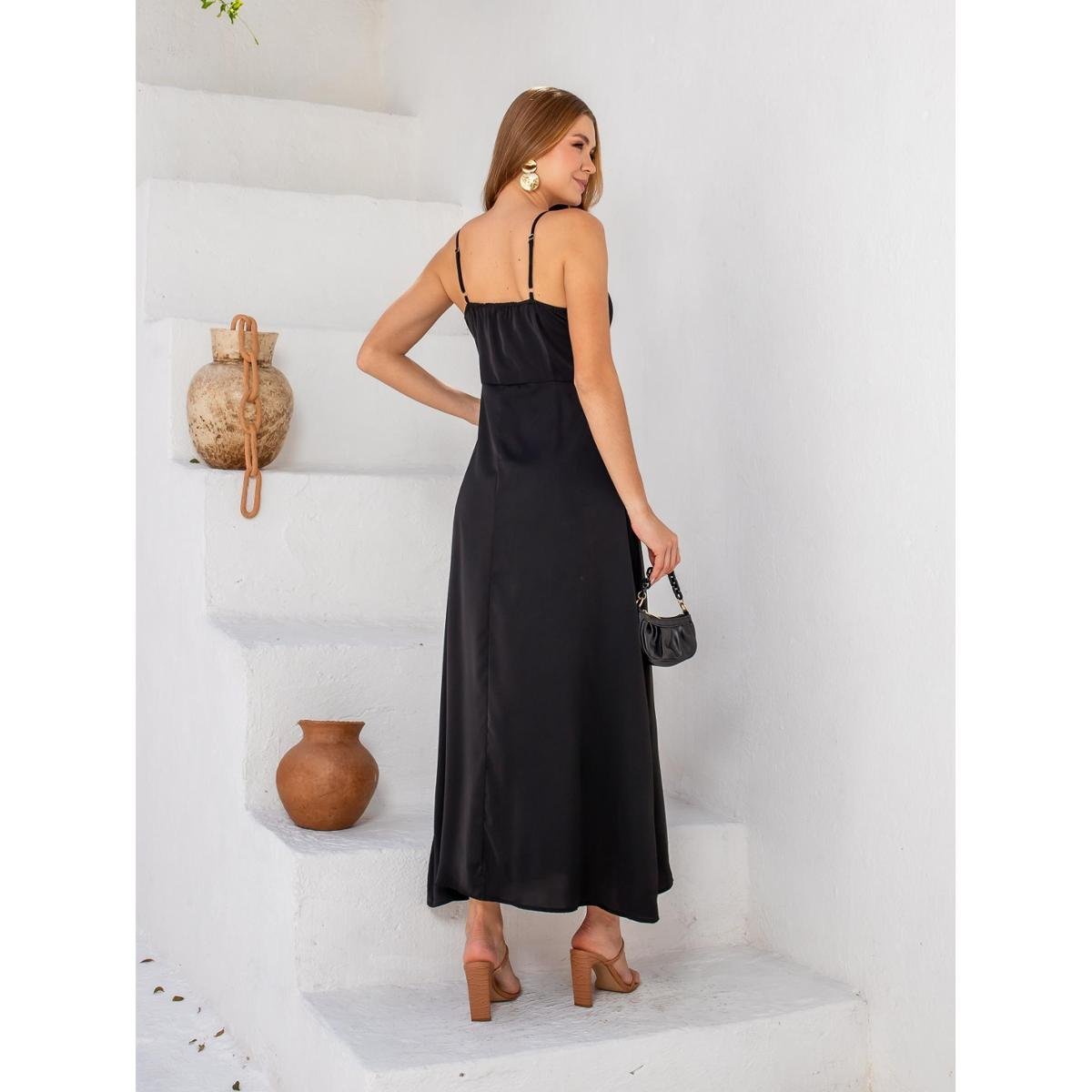 Vestido Longo Midi Premium Liso de Alcinha com Botões com Bojo e