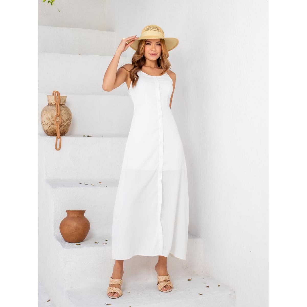 Vestido Longo / Midi Premium Liso de Alcinha com Botões com Bojo e Forro - Branco Menor preço em Vestido Longo / Midi Premium Liso de Alcinha com Botões com Bojo e Forro - Branco