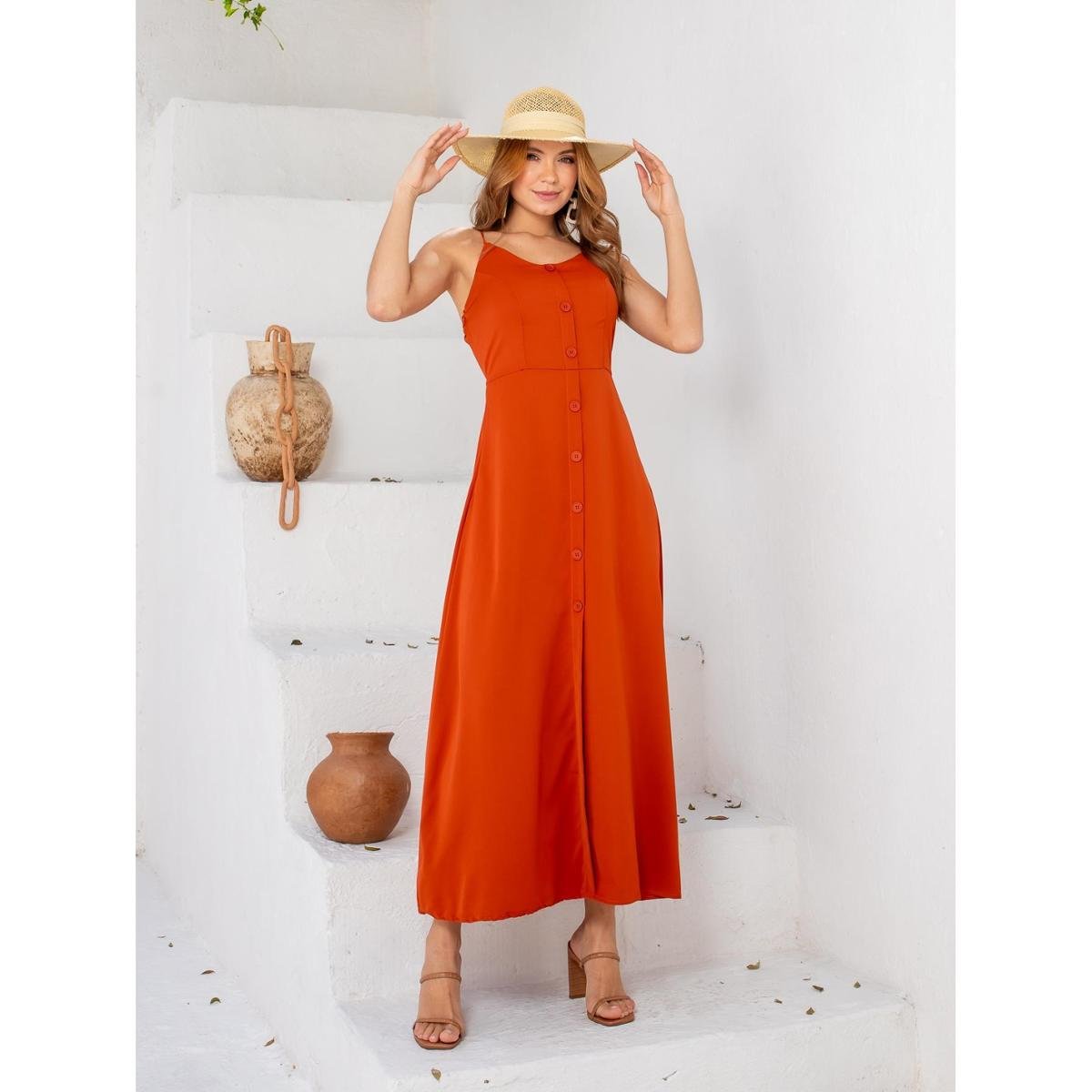 Vestido Longo / Midi Premium Liso de Alcinha com Botões com Bojo e Forro - Laranja Menor preço em Vestido Longo / Midi Premium Liso de Alcinha com Botões com Bojo e Forro - Laranja