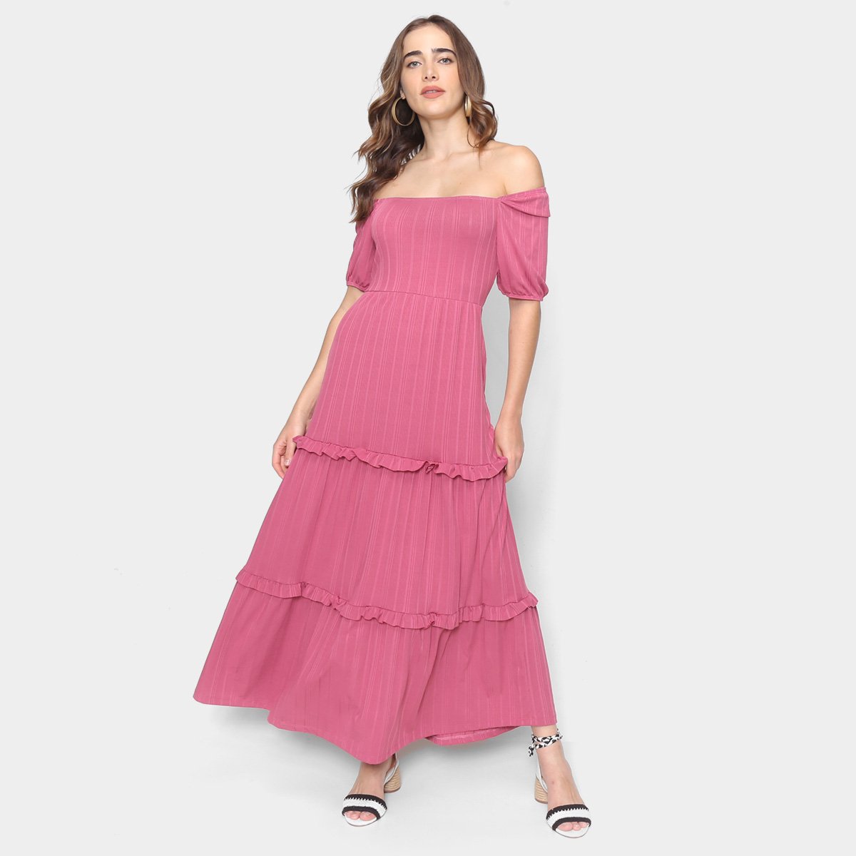 Vestido Longo Modaloka Ombro a Ombro Com Babado Feminino - Rosa é ruim? Vestido Longo Modaloka Ombro a Ombro Com Babado Feminino - Rosa é boa?