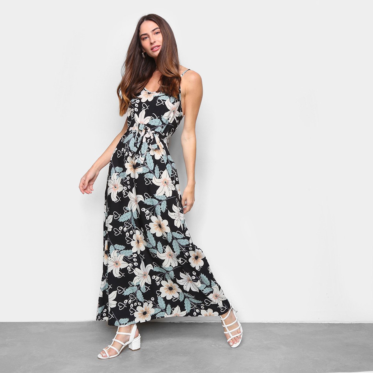 Vestido Longo MS Fashion Estampado Amarração Feminino - Preto Menor preço em Vestido Longo MS Fashion Estampado Amarração Feminino - Preto