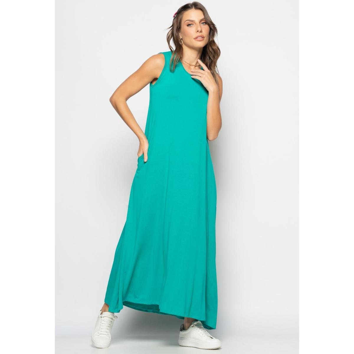 Vestido Longo Regata Com Bolsos Salvatore Menor preço em Vestido Longo Regata Com Bolsos Salvatore