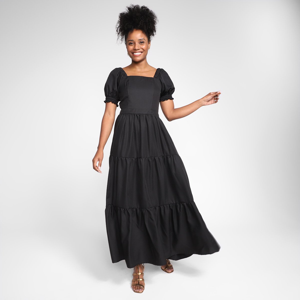 Vestido Longo Road Mel Evasê Manga Curta - Preto Menor preço em Vestido Longo Road Mel Evasê Manga Curta - Preto