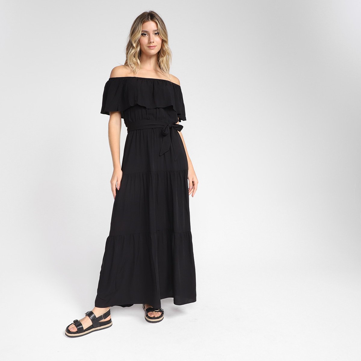 Vestido Longo Road Mel Ombro a Ombro Amarração - Preto Menor preço em Vestido Longo Road Mel Ombro a Ombro Amarração - Preto