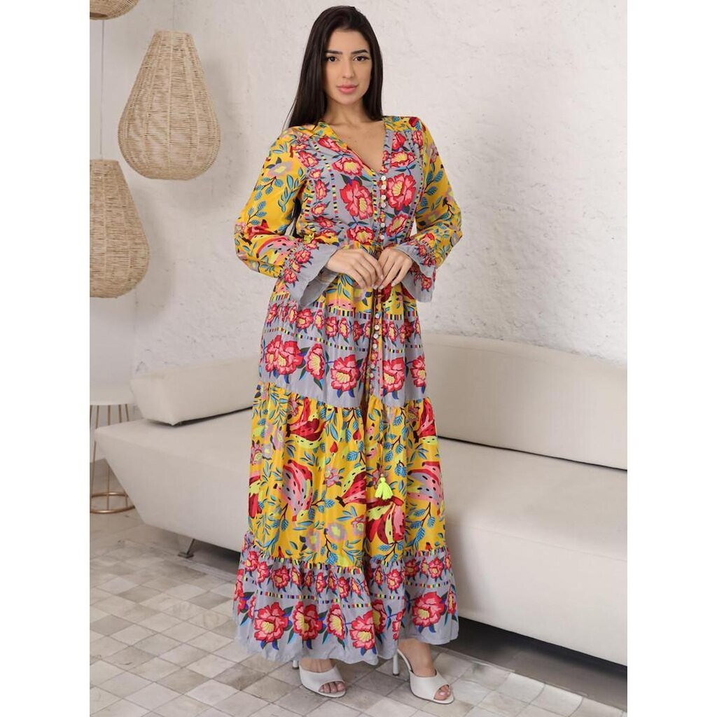 Vestido Longo Seda com Decote V Manga Longa Feminino