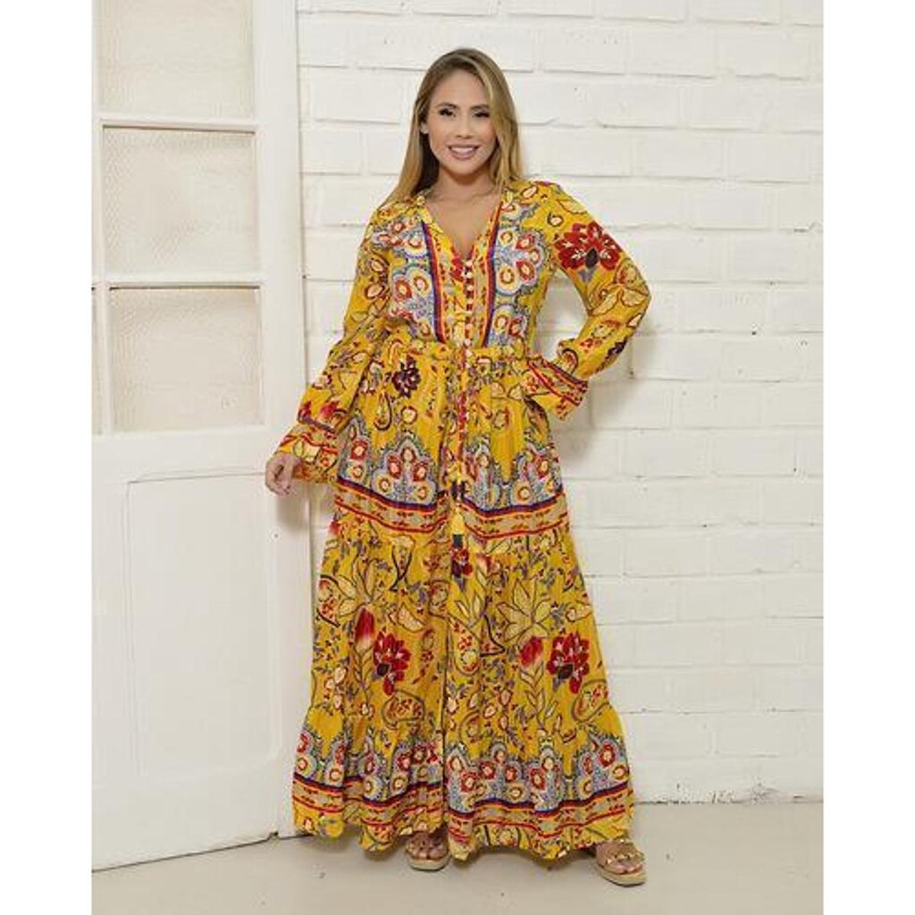 VESTIDO LONGO SEDA MANGA LONGA COM BOTÕES L10