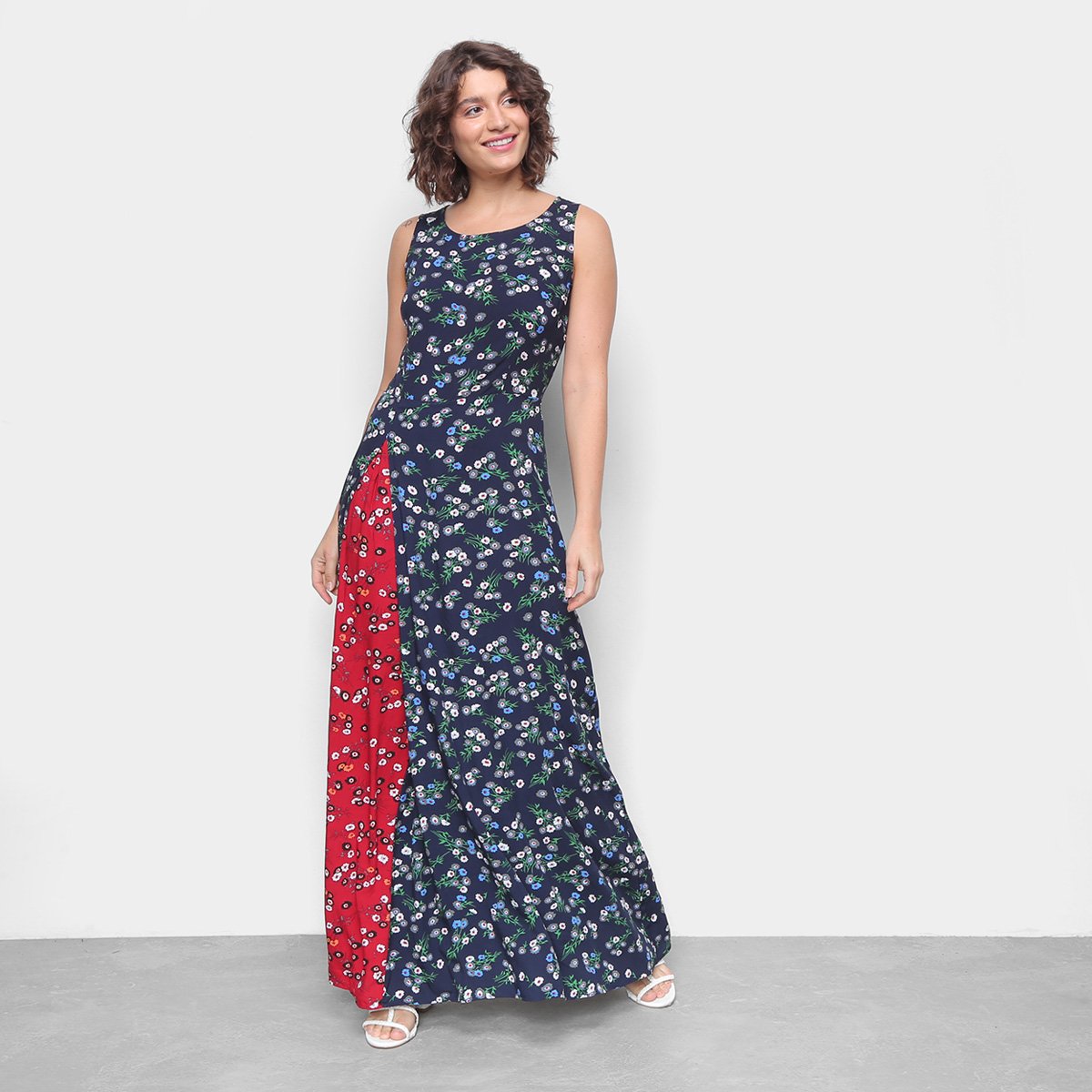 Vestido Longo Top Moda Estampado Nesga - Marinho Menor preço em Vestido Longo Top Moda Estampado Nesga - Marinho