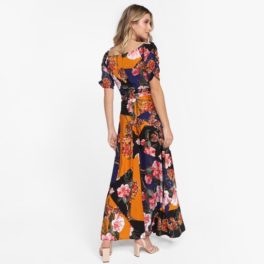 Vestido Longo Top Modas Floral Acinturado - Laranja