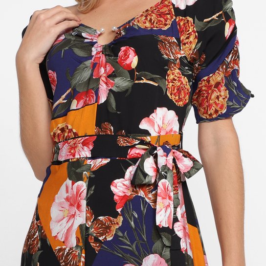 Vestido Longo Top Modas Floral Acinturado - Laranja