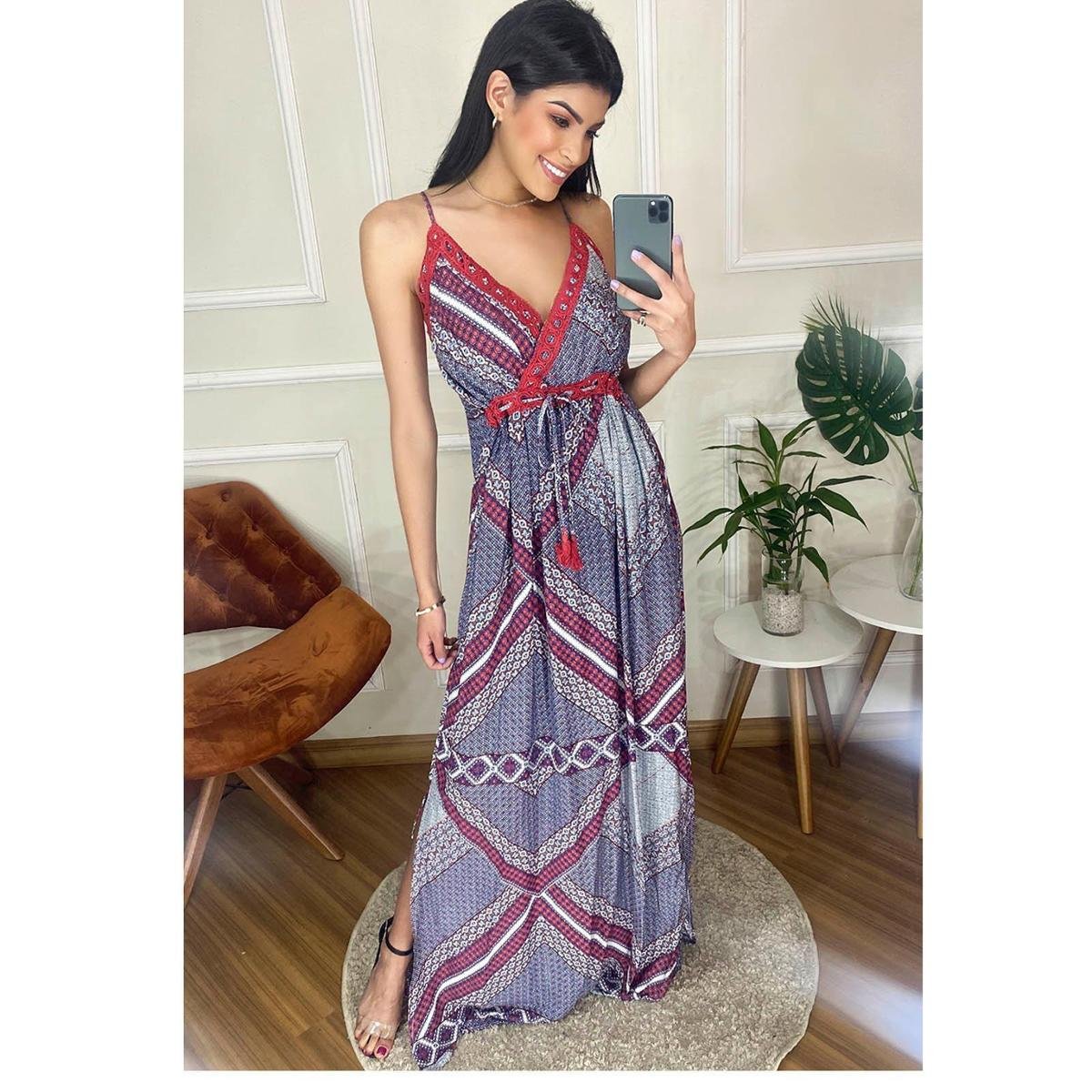 Vestido Longo Viscose Estampada Sob com Renda Vermelha - Vermelho Menor preço em Vestido Longo Viscose Estampada Sob com Renda Vermelha - Vermelho