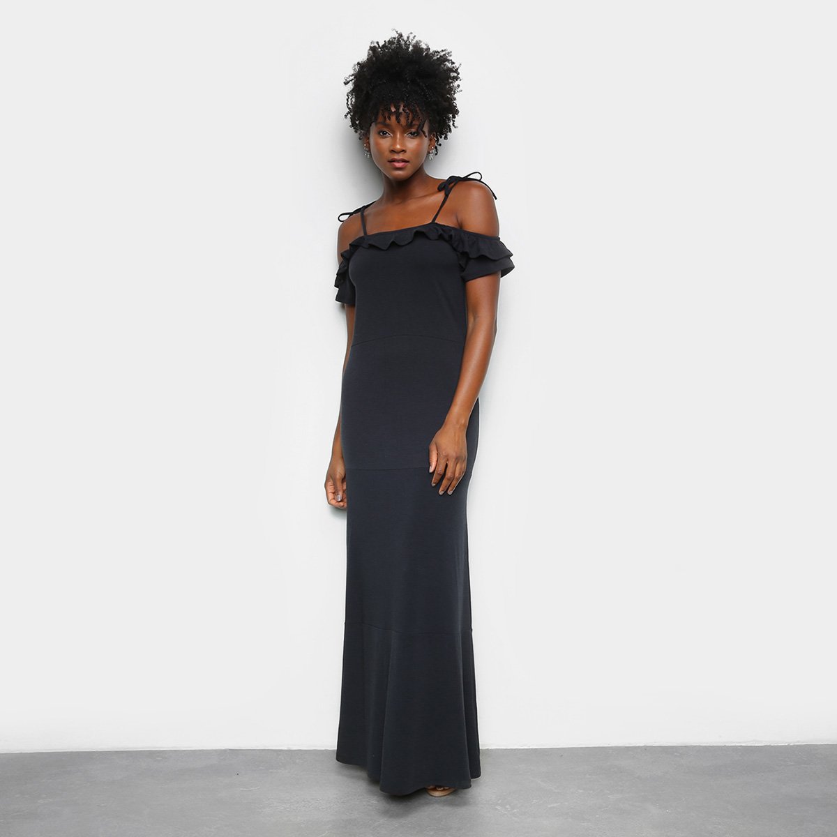 Vestido Longo Volare Alças Finas Babados - Preto Menor preço em Vestido Longo Volare Alças Finas Babados - Preto