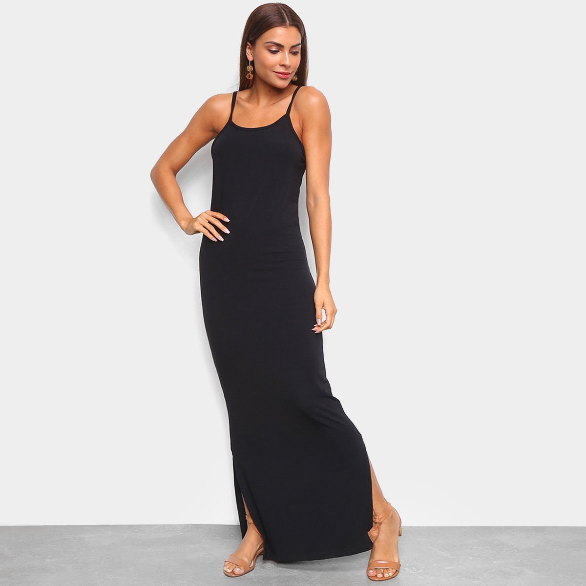 Vestido Longo Volare Fenda Feminino - Preto Menor preço em Vestido Longo Volare Fenda Feminino - Preto