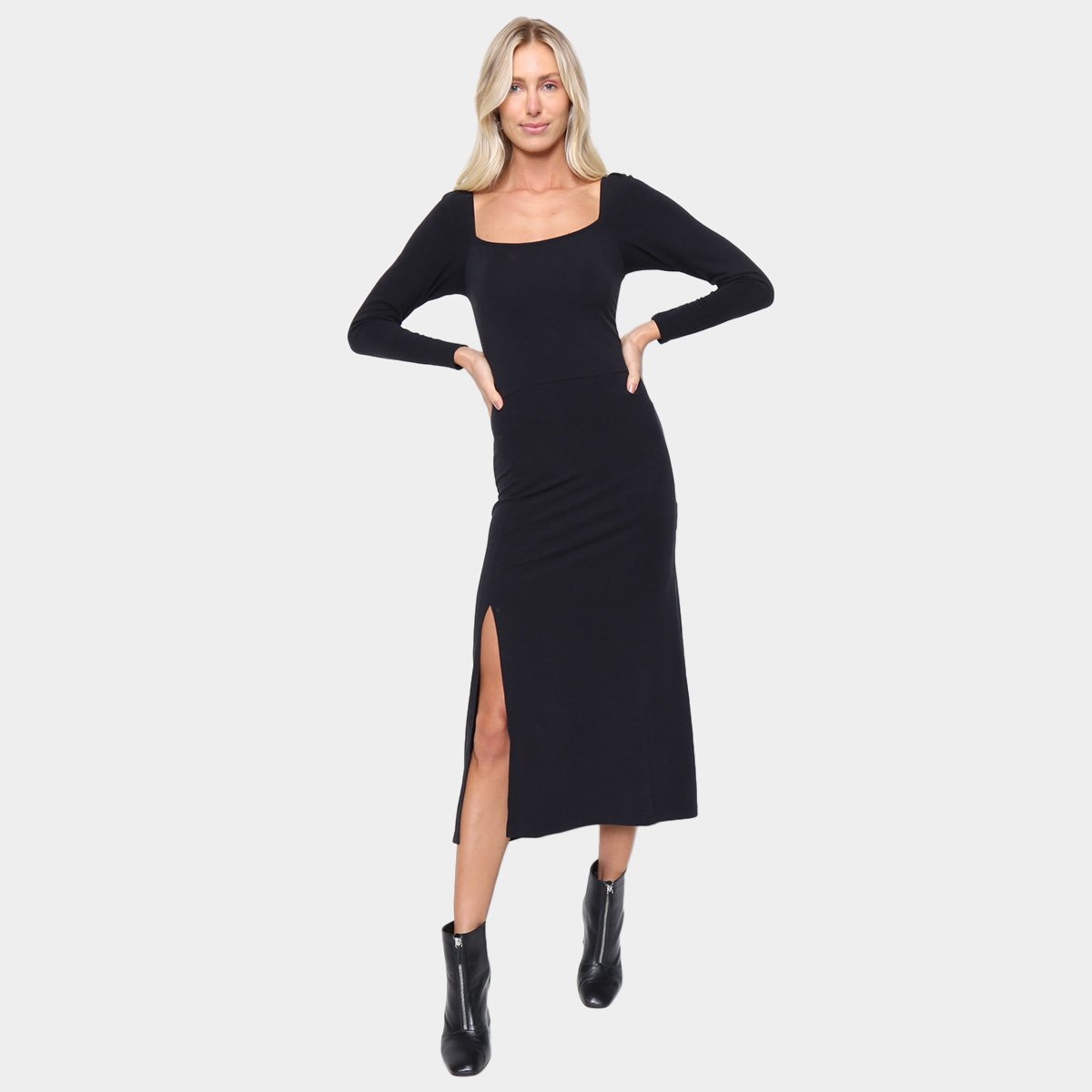 Vestido Longo Volare Manga Longa Fenda Feminino - Preto Menor preço em Vestido Longo Volare Manga Longa Fenda Feminino - Preto