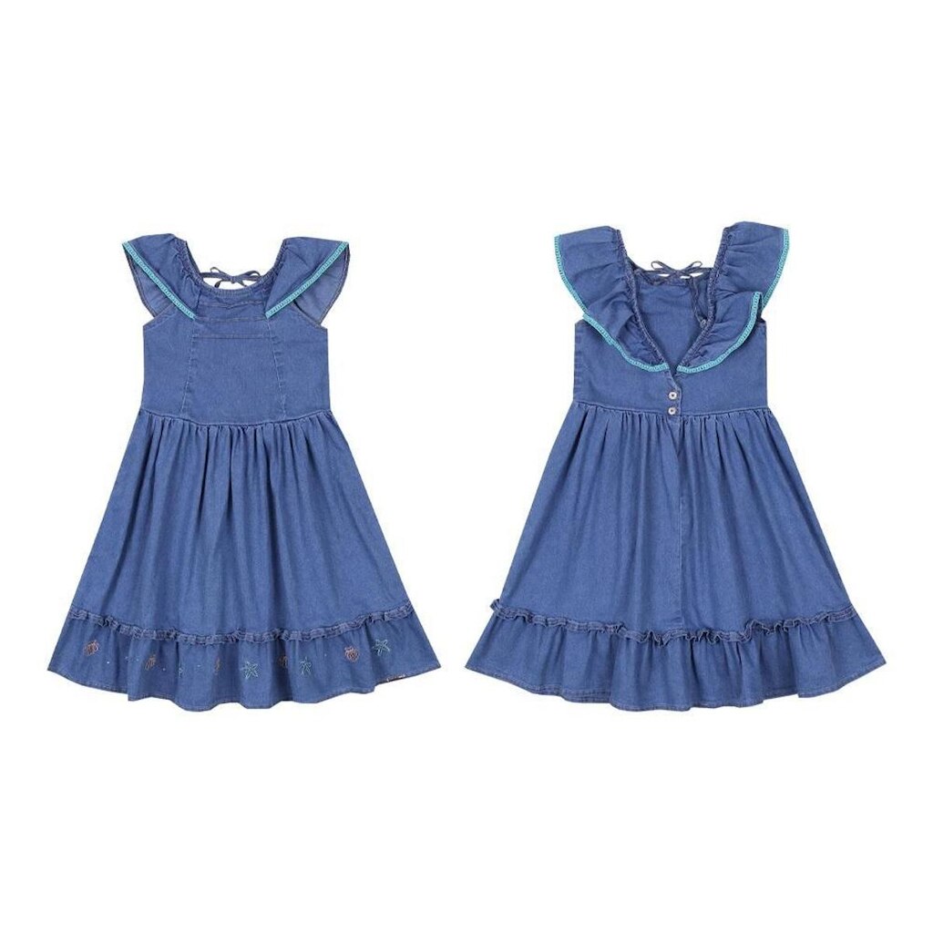 Vestido Luxo Menina Infantil Jeans Bordado Paraiso Rf 15591